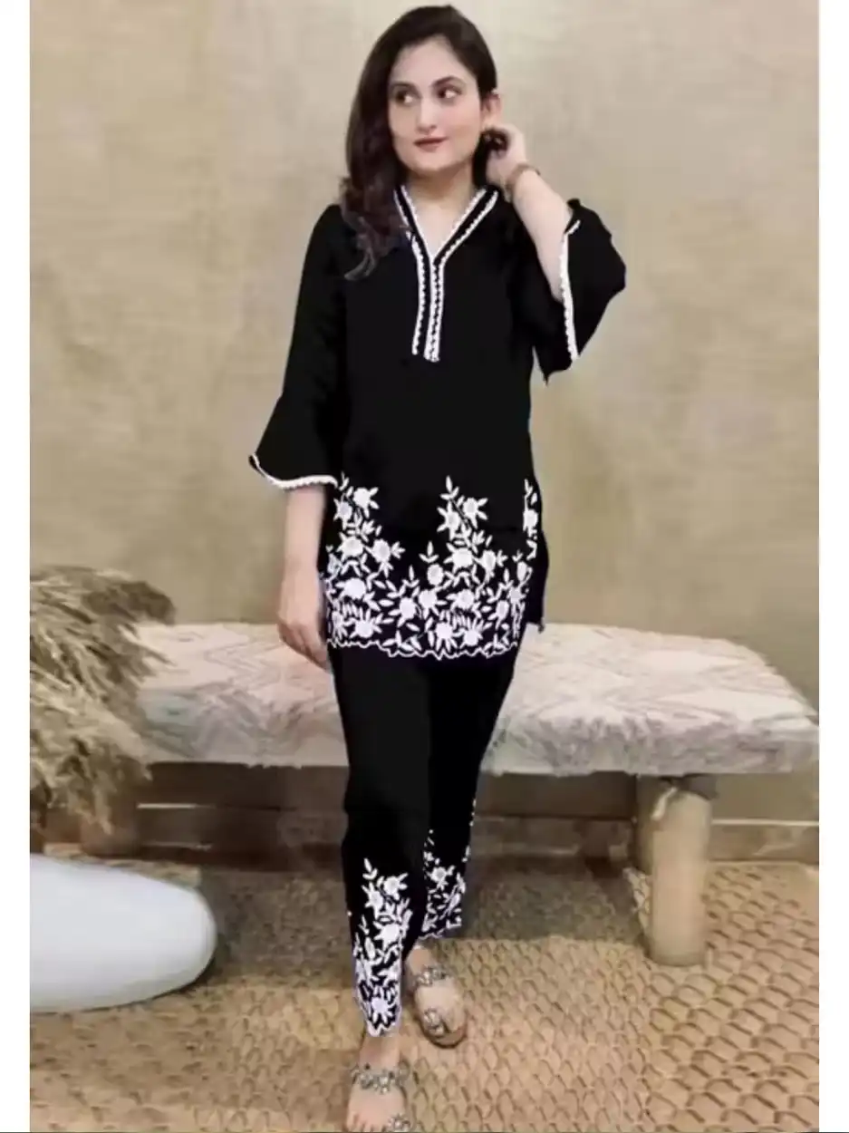 Attractive Beautiful Chain Stitch Embroidered Cotton Black Cord Set
