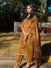 Women Latest Design Floral Printed 3/4 Sleeve Mustard ColorKurta With Pant And Dupatta